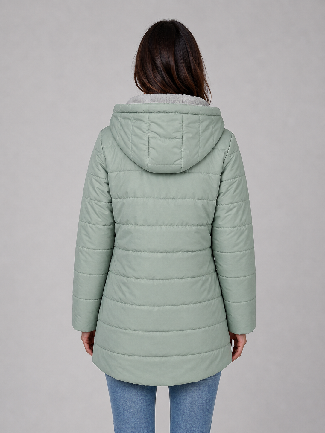 Women’s Longline Quilted Puffer Coat – Hooded Fleece-Lined Winter Jacket