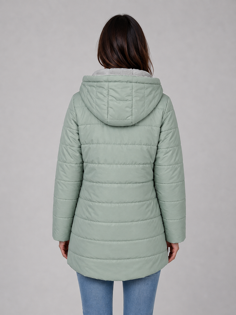 Women’s Longline Quilted Puffer Coat – Hooded Fleece-Lined Winter Jacket