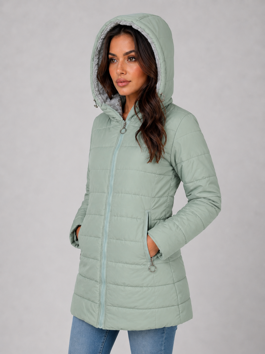 Women’s Longline Quilted Puffer Coat – Hooded Fleece-Lined Winter Jacket