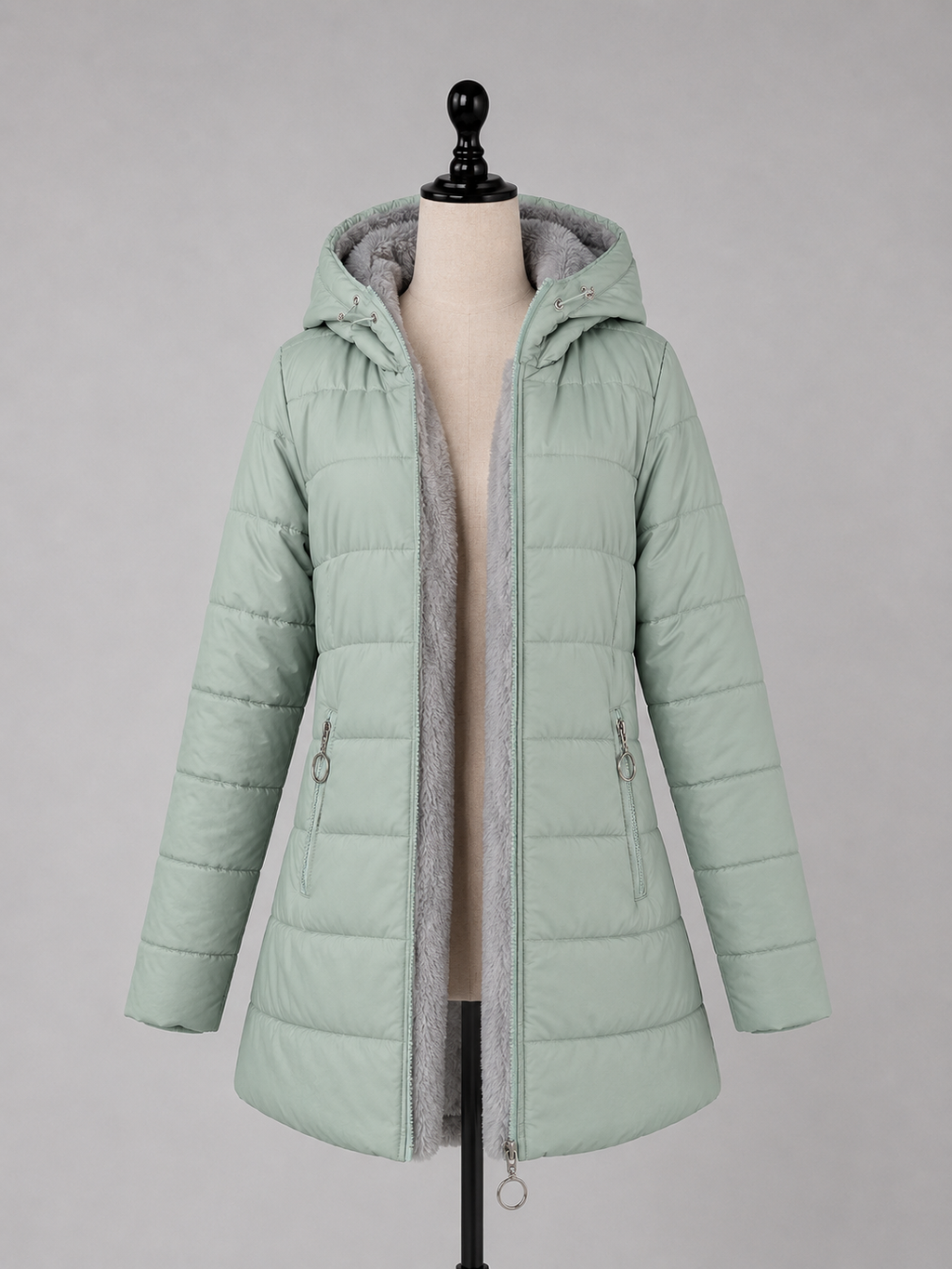 Women’s Longline Quilted Puffer Coat – Hooded Fleece-Lined Winter Jacket