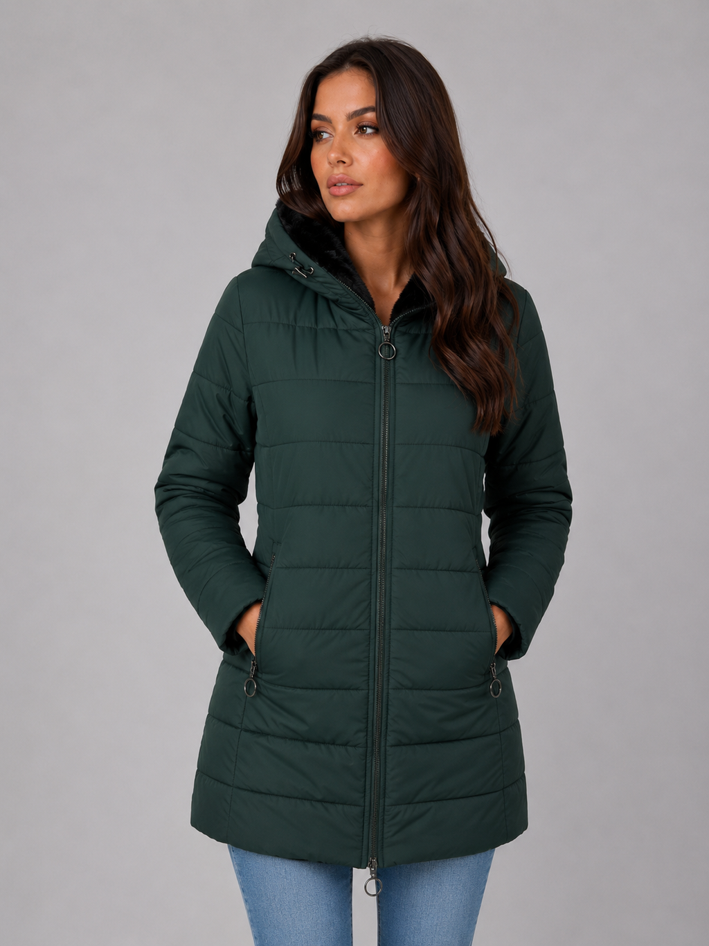 Women’s Longline Quilted Puffer Coat – Hooded Fleece-Lined Winter Jacket