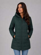 Women’s Longline Quilted Puffer Coat – Hooded Fleece-Lined Winter Jacket