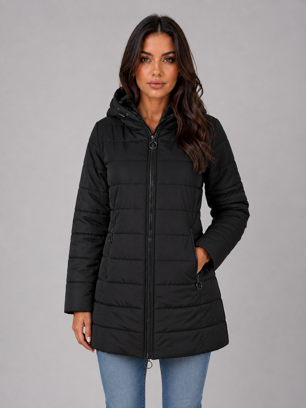 Women’s Longline Quilted Puffer Coat – Hooded Fleece-Lined Winter Jacket