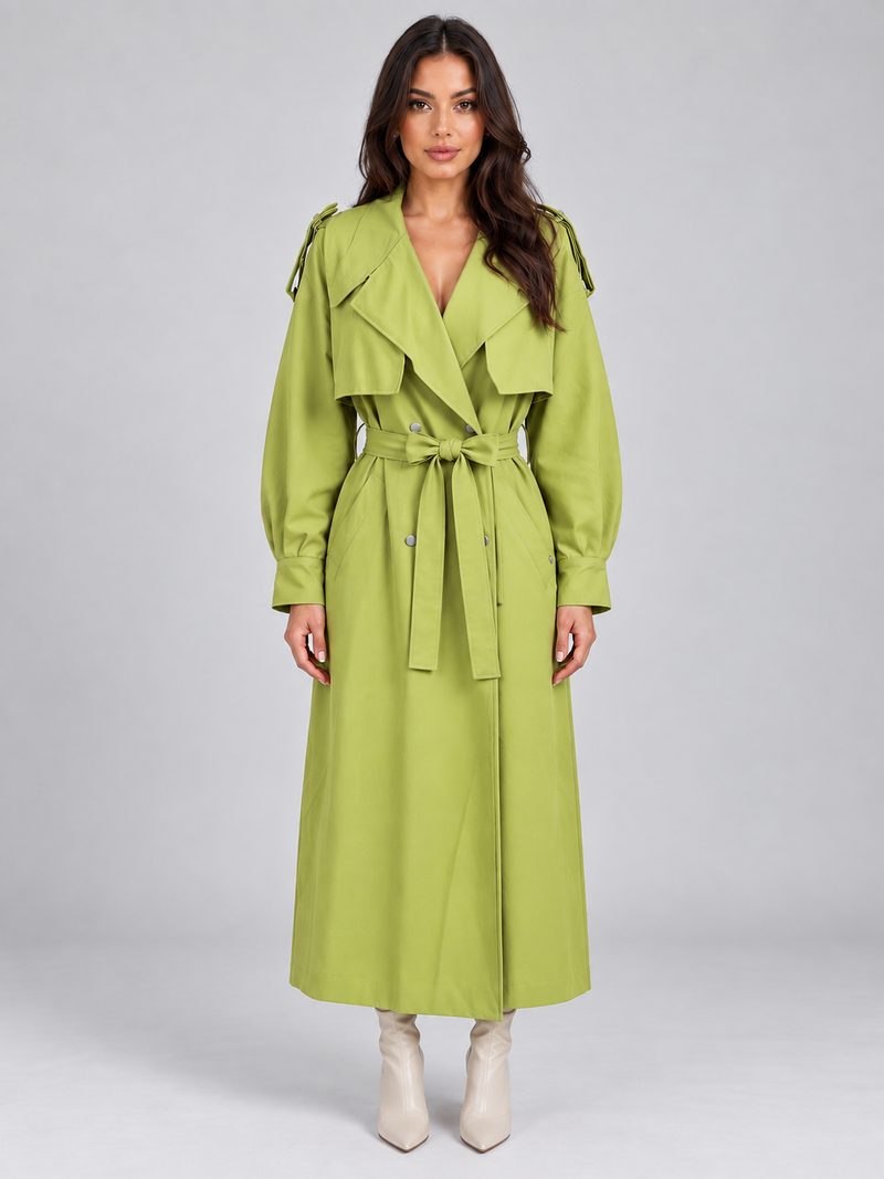 Women’s Longline Trench Coat – Double Breasted Belted Lightweight Mac
