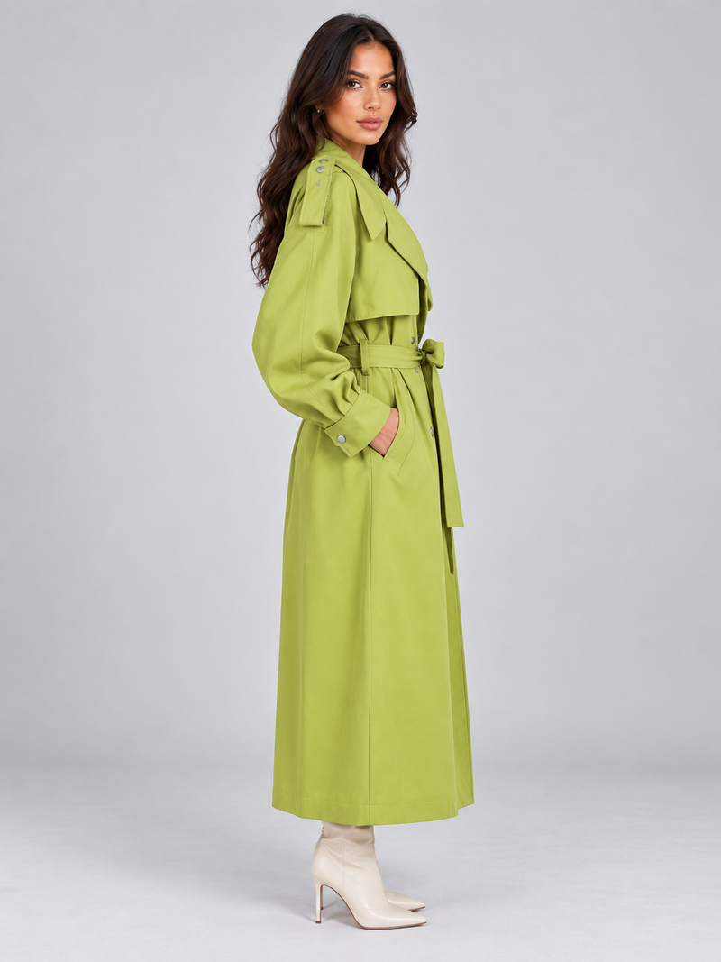 Women’s Longline Trench Coat – Double Breasted Belted Lightweight Mac