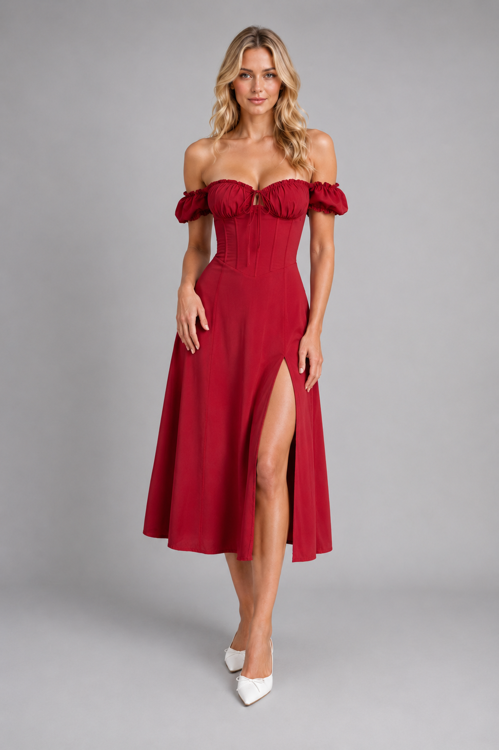 Women's Milkmaid Corset Midi Dress with Split - Summer Occasion Style