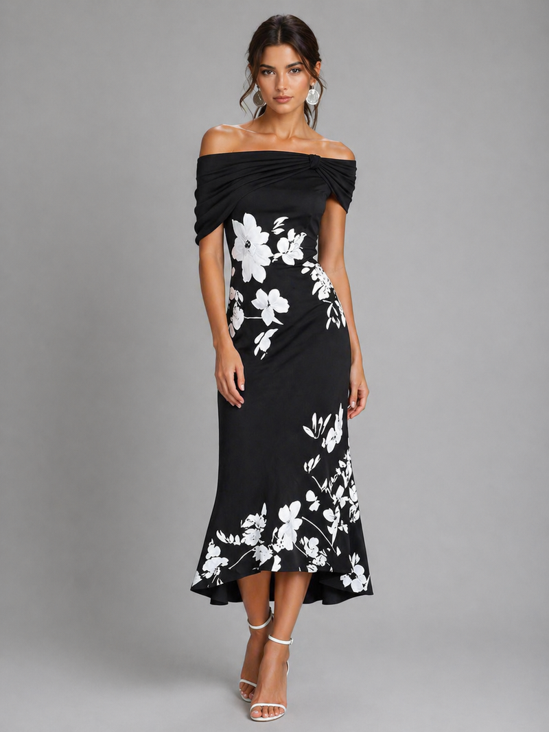 Women’s Off-Shoulder Floral Midi Dress – Draped Elegant Fit