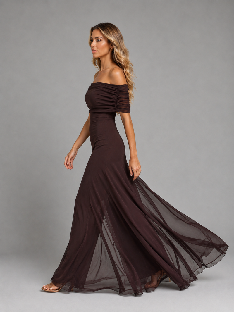 off the shoulder flowy maxi dress KOH KOH Off Shoulder Ruffle Flowy Maxi Dress - NT382