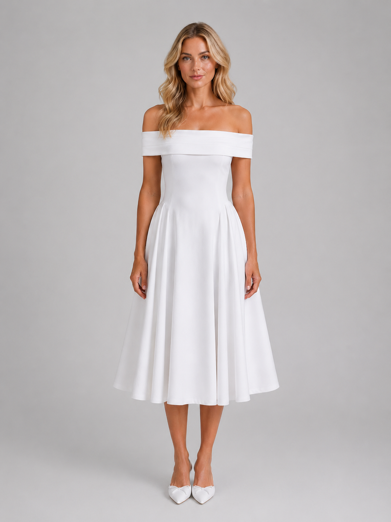 Women's Off-Shoulder Pleated Midi Dress – Wedding Guest Occasion – Montleigh