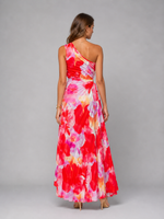 Women’s One-Shoulder Pleated Maxi Dress – Floral Statement Elegance