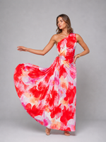 Women’s One-Shoulder Pleated Maxi Dress – Floral Statement Elegance