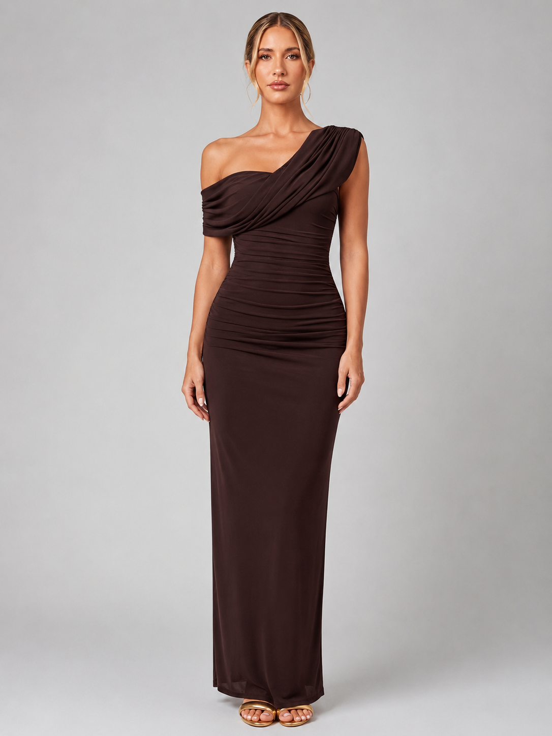 Women’s One-Shoulder Ruched Maxi Dress – Sculpted Silhouette