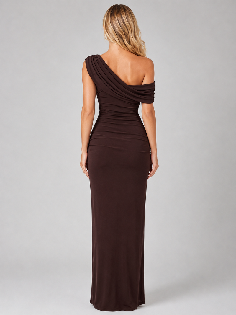 Women’s One-Shoulder Ruched Maxi Dress – Sculpted Silhouette