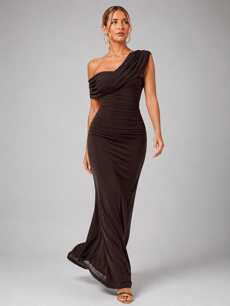 Women’s One-Shoulder Ruched Maxi Dress – Sculpted Silhouette