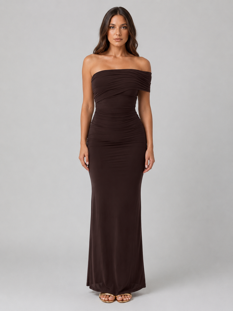 Women’s One-Shoulder Ruched Maxi Dress – Sculpted Silhouette