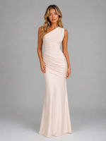 Women's One Shoulder Satin Feel Ruched Maxi Dress – Elegant Bodycon Evening Gown