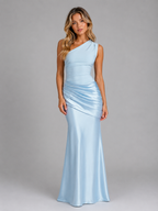 Women's One Shoulder Satin Feel Ruched Maxi Dress – Elegant Bodycon Evening Gown