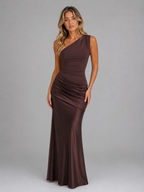 Women's One Shoulder Satin Feel Ruched Maxi Dress – Elegant Bodycon Evening Gown