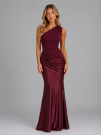 Women's One Shoulder Satin Feel Ruched Maxi Dress – Elegant Bodycon Evening Gown