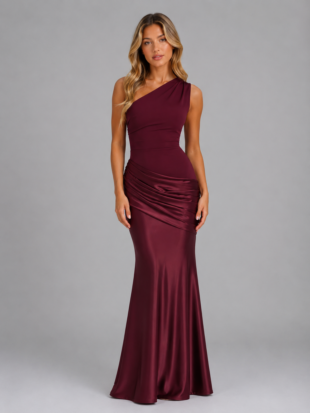 Women's One Shoulder Satin Feel Ruched Maxi Dress – Elegant Bodycon Evening Gown