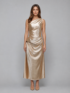 Women's One Shoulder Satin Look Midi Dress – Ruched Evening Dress
