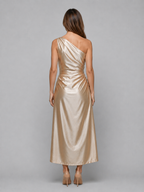 Women's One Shoulder Satin Look Midi Dress – Ruched Evening Dress