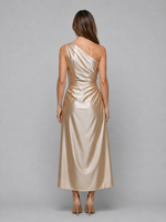 Women's One Shoulder Satin Look Midi Dress – Ruched Evening Dress
