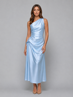 Women's One Shoulder Satin Look Midi Dress – Ruched Evening Dress