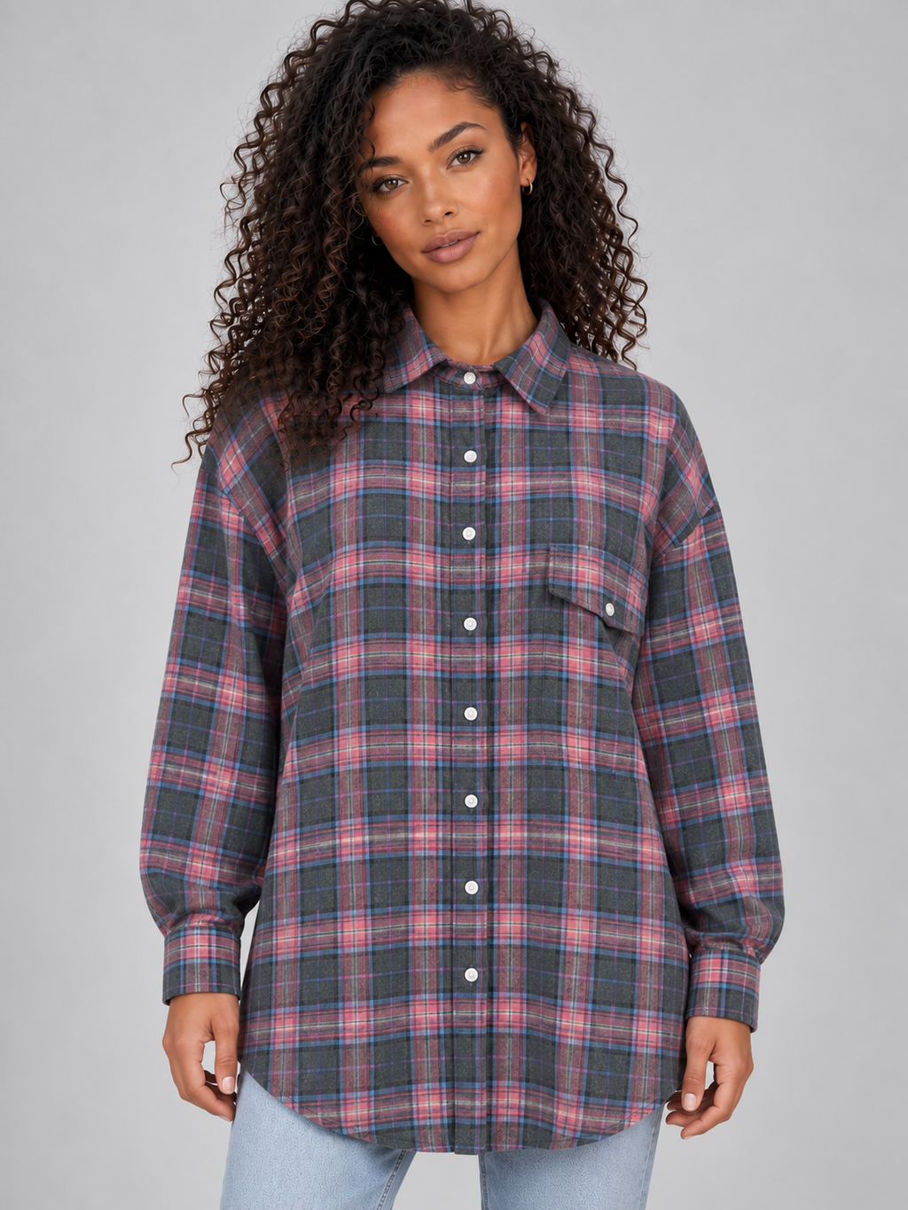 Women’s Oversized Check Shirt – Longline Button-Up Blouse
