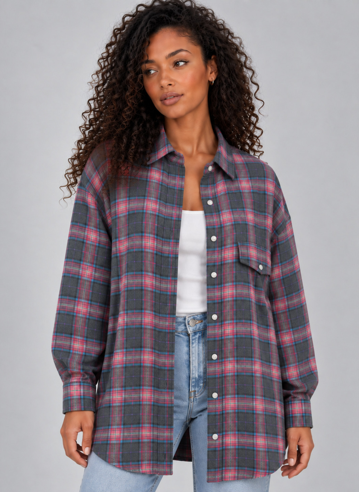 Women’s Oversized Check Shirt – Longline Button-Up Blouse