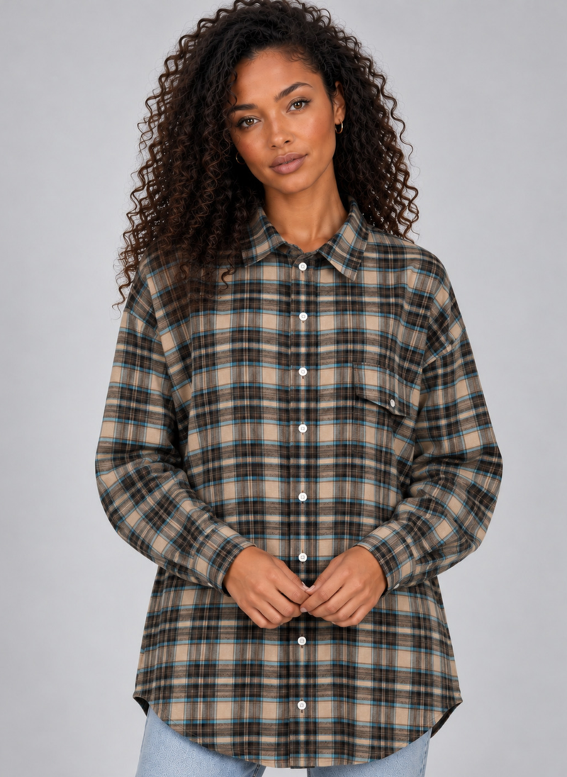 Women’s Oversized Check Shirt – Longline Button-Up Blouse