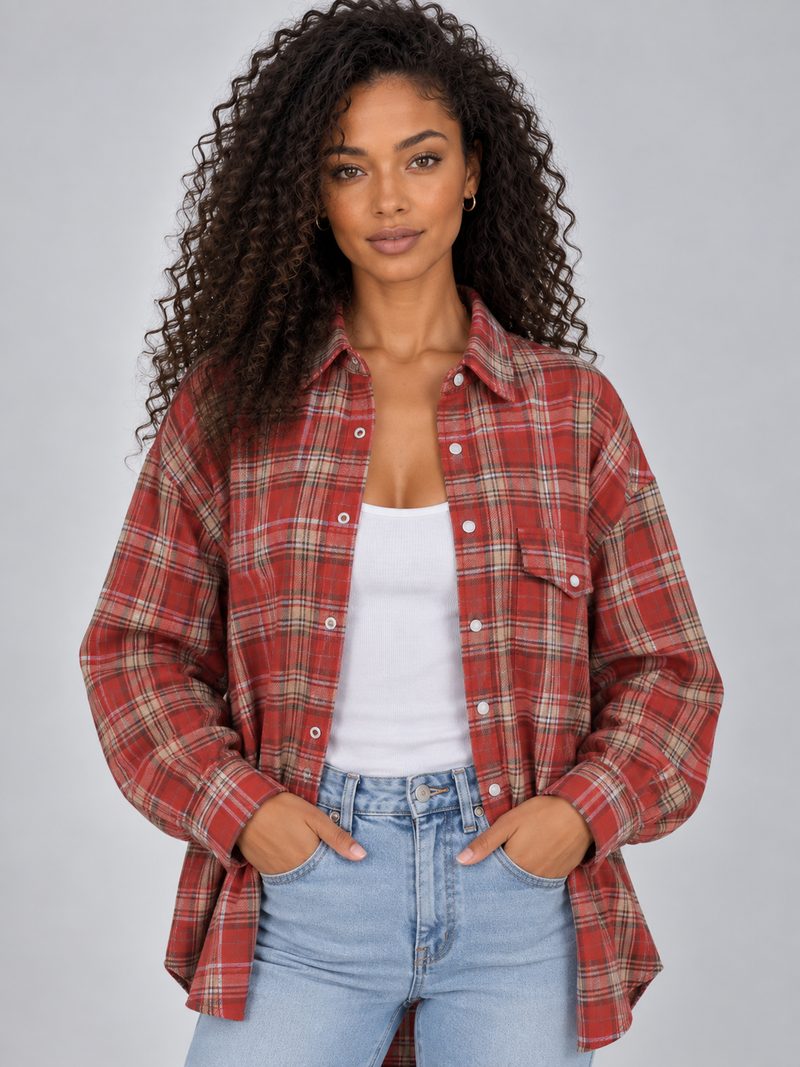 Women’s Oversized Check Shirt – Longline Button-Up Blouse