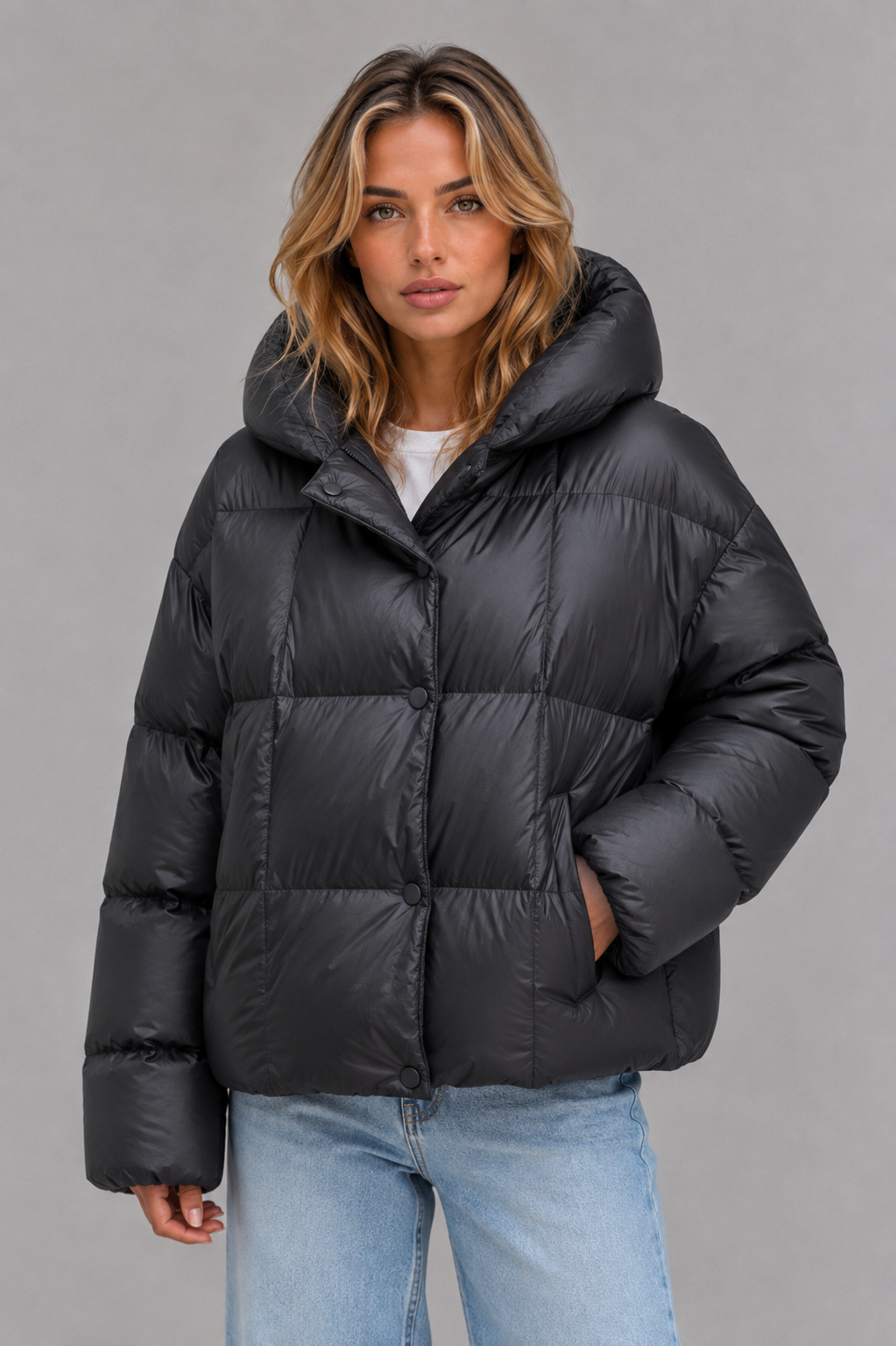 Women’s Oversized Hooded Puffer Jacket – High Collar Winter Coat