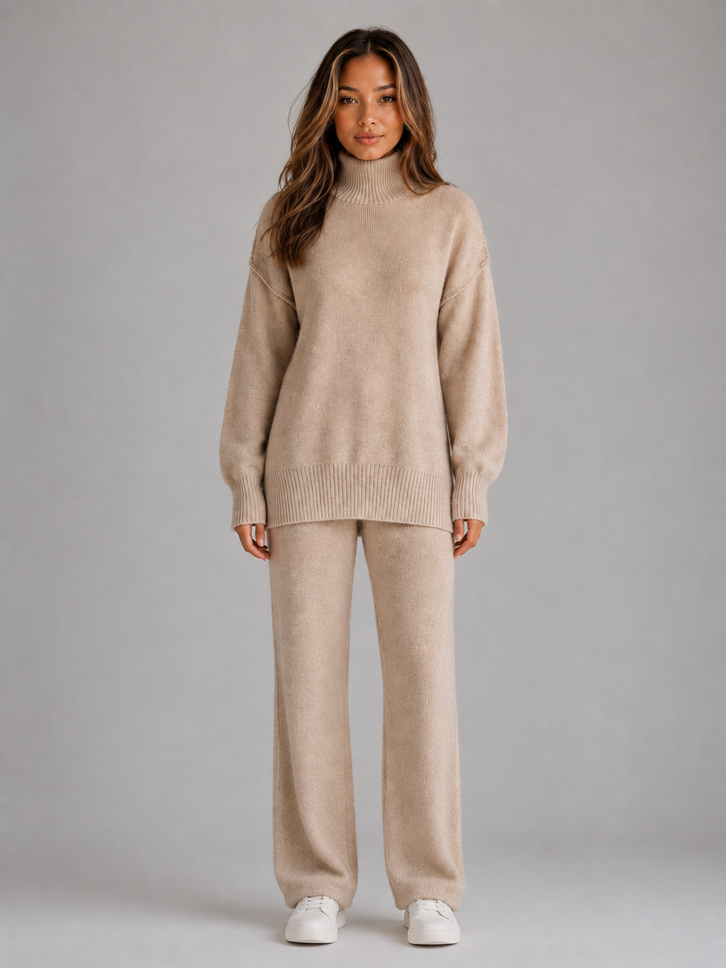 Women's Oversized Knitted Lounge Set – Roll Neck Jumper & Wide Leg Trousers