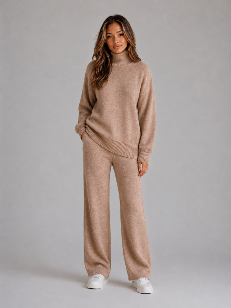 Women's Oversized Knitted Lounge Set – Roll Neck Jumper & Wide Leg Trousers