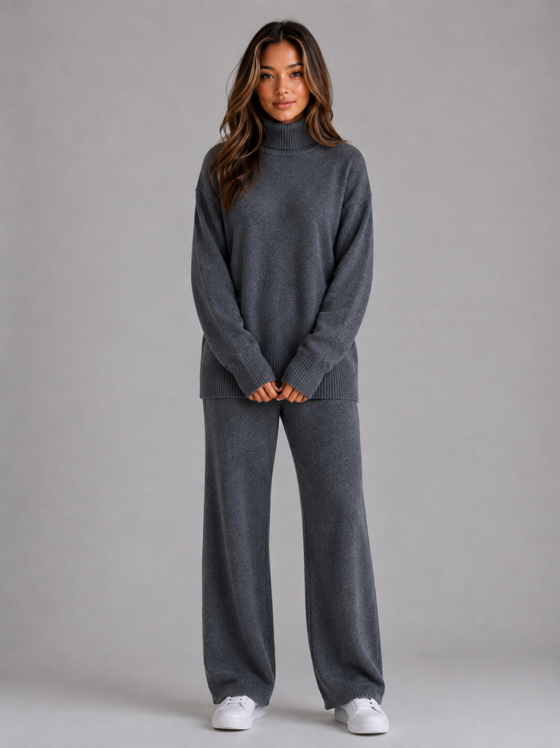 Women's Oversized Knitted Lounge Set – Roll Neck Jumper & Wide Leg Trousers