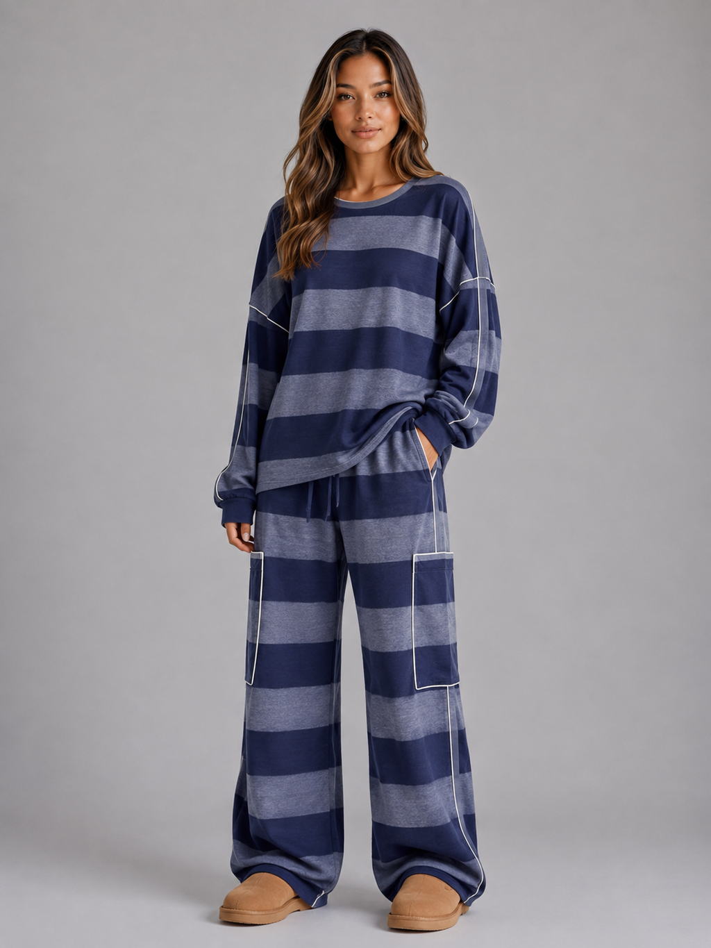 Women’s Oversized Striped Two-Piece Lounge Set – Sweatshirt & Wide Leg Trousers