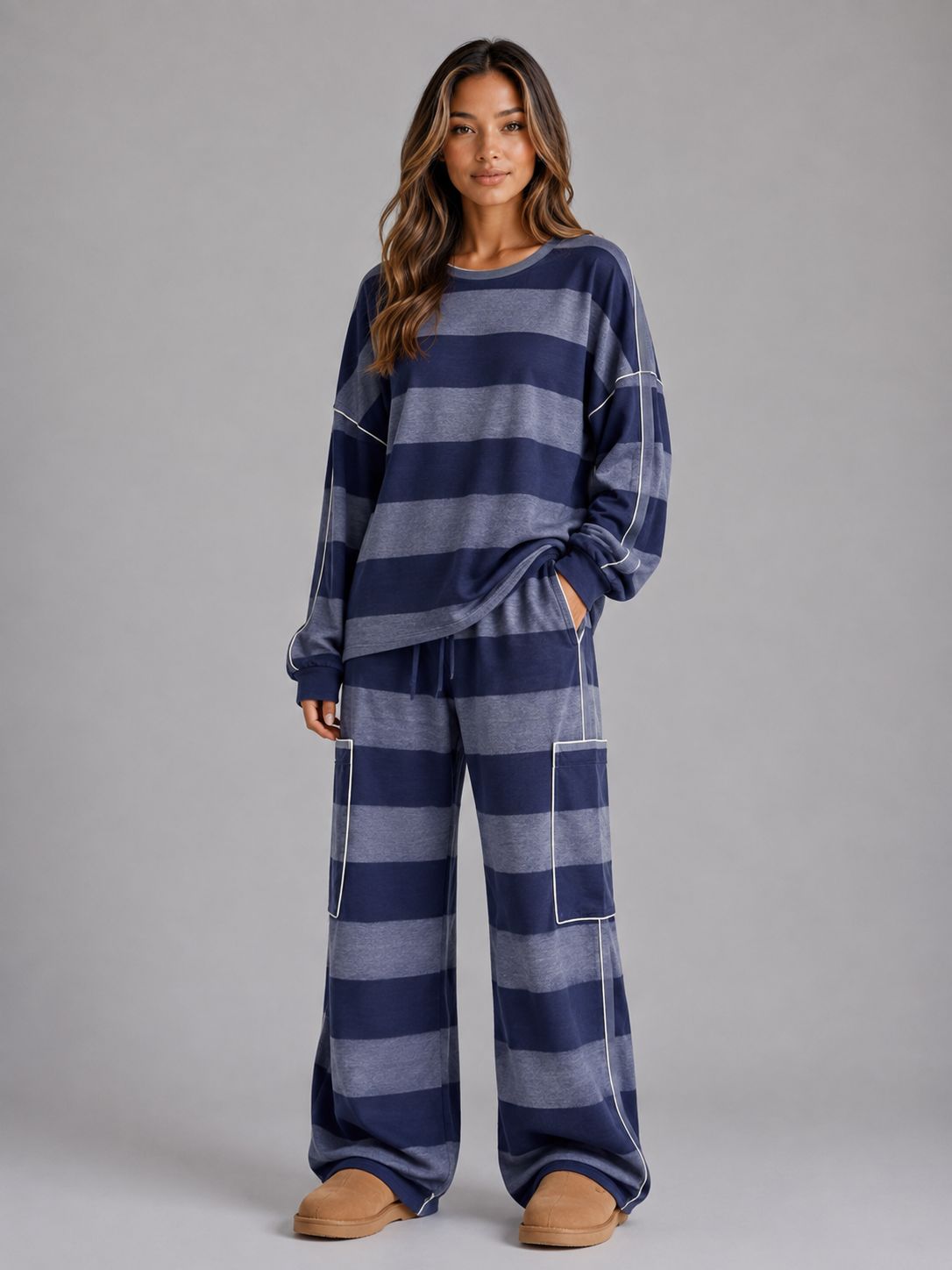 Women’s Oversized Striped Two-Piece Lounge Set – Sweatshirt & Wide Leg Trousers