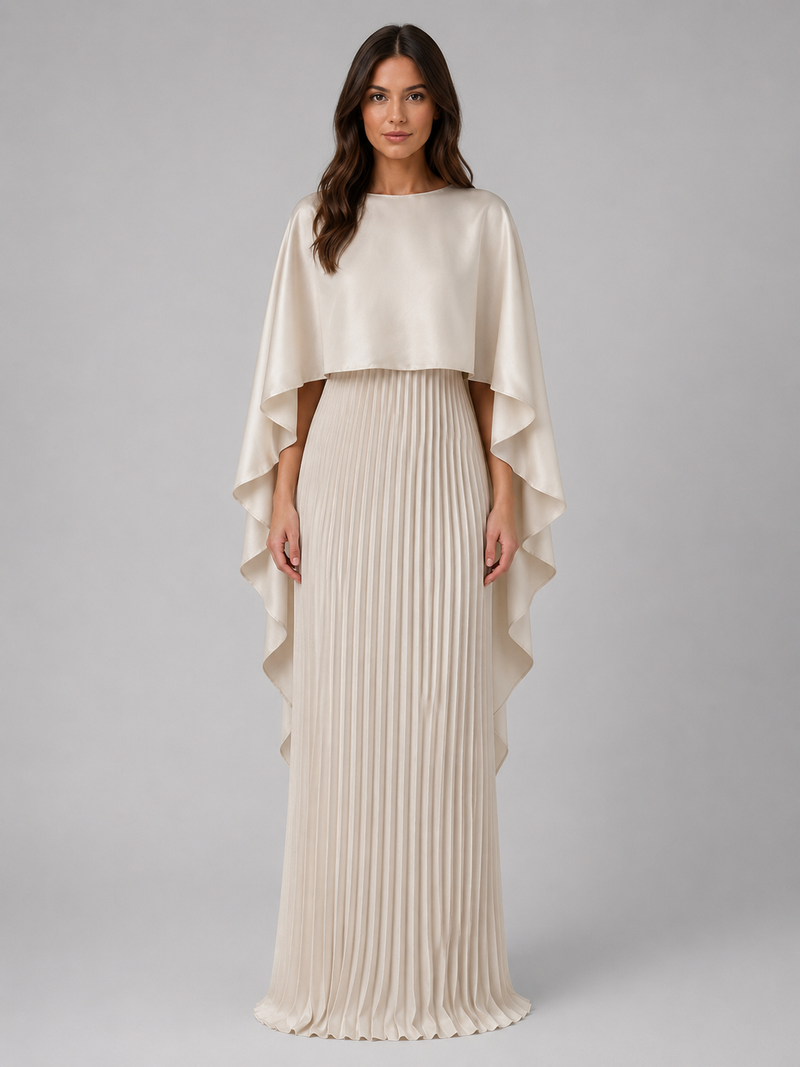 Women’s Pleated Maxi Dress with Cape Sleeves – Elegant Occasion Style