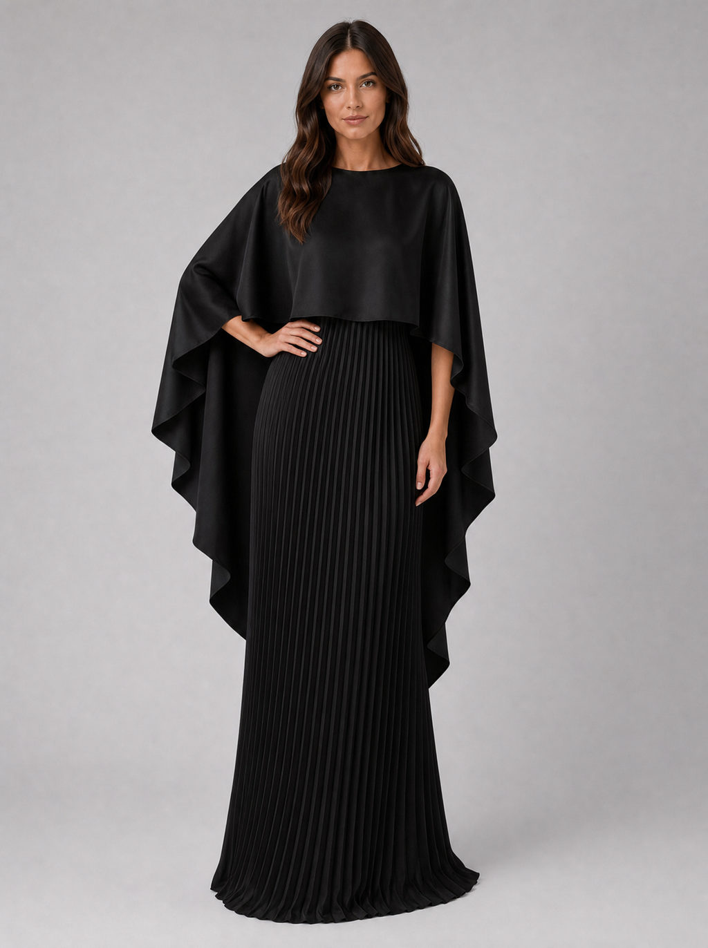 Women’s Pleated Maxi Dress with Cape Sleeves – Elegant Occasion Style