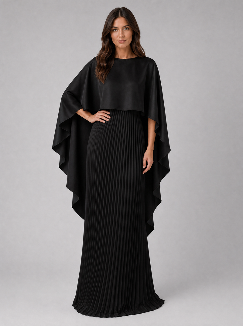 Women’s Pleated Maxi Dress with Cape Sleeves – Elegant Occasion Style