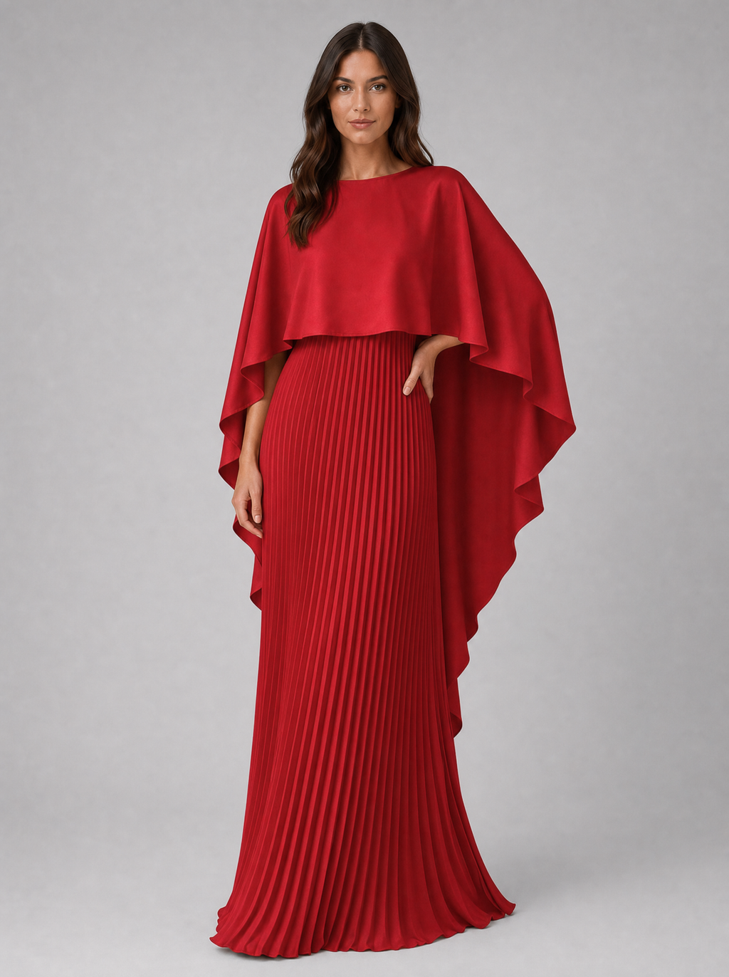 Women’s Pleated Maxi Dress with Cape Sleeves – Elegant Occasion Style