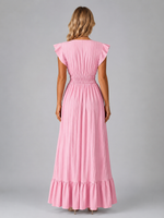 Women’s Pleated Maxi Dress with Flutter Sleeves – Flowing Elegant Style