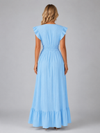 Women’s Pleated Maxi Dress with Flutter Sleeves – Flowing Elegant Style