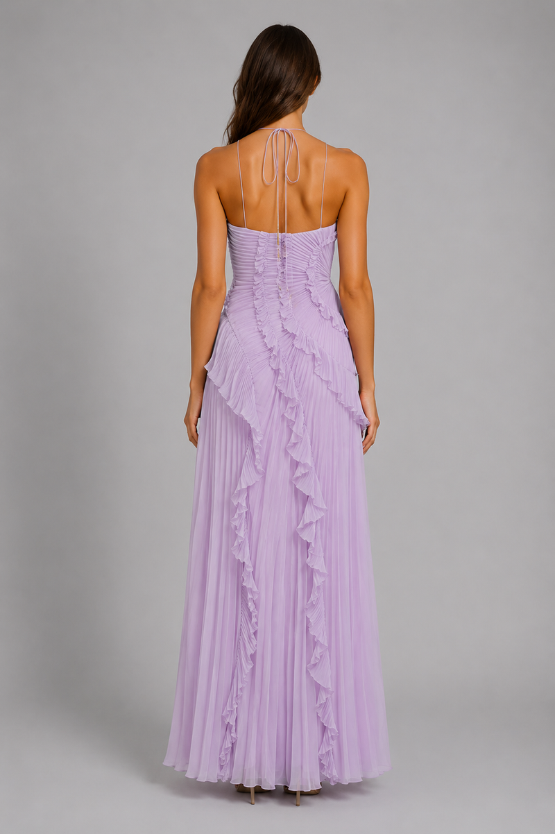 ladies pleated dress ruffles Soft Girl Pleated Ruffle Maxi Dress