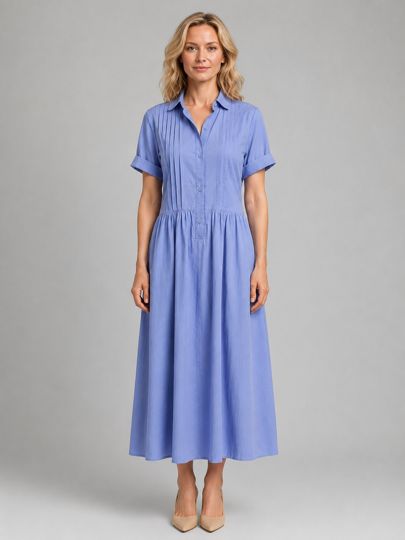Women's Pleated Shirt Maxi Dress with Pockets – Relaxed Flattering Fit