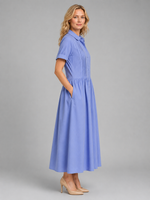 Women's Pleated Shirt Maxi Dress with Pockets – Relaxed Flattering Fit