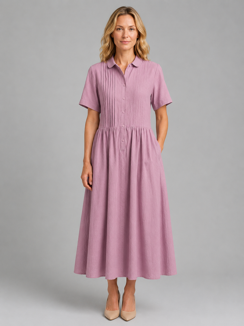 Women's Pleated Shirt Maxi Dress with Pockets – Relaxed Flattering Fit