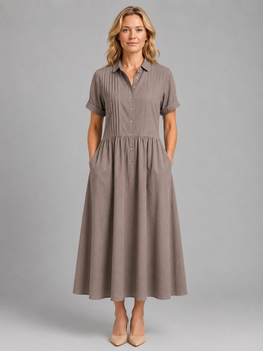 Women's Pleated Shirt Maxi Dress with Pockets – Relaxed Flattering Fit