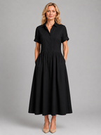 Women's Pleated Shirt Maxi Dress with Pockets – Relaxed Flattering Fit